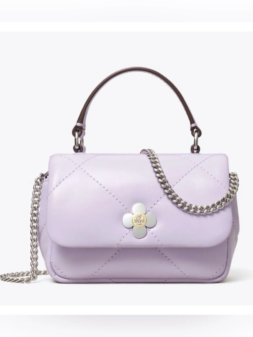 TORY BURCH MINI KIRA DIAMOND QUILT CLOVER CHAIN WALLET, PURPLE HEATHER